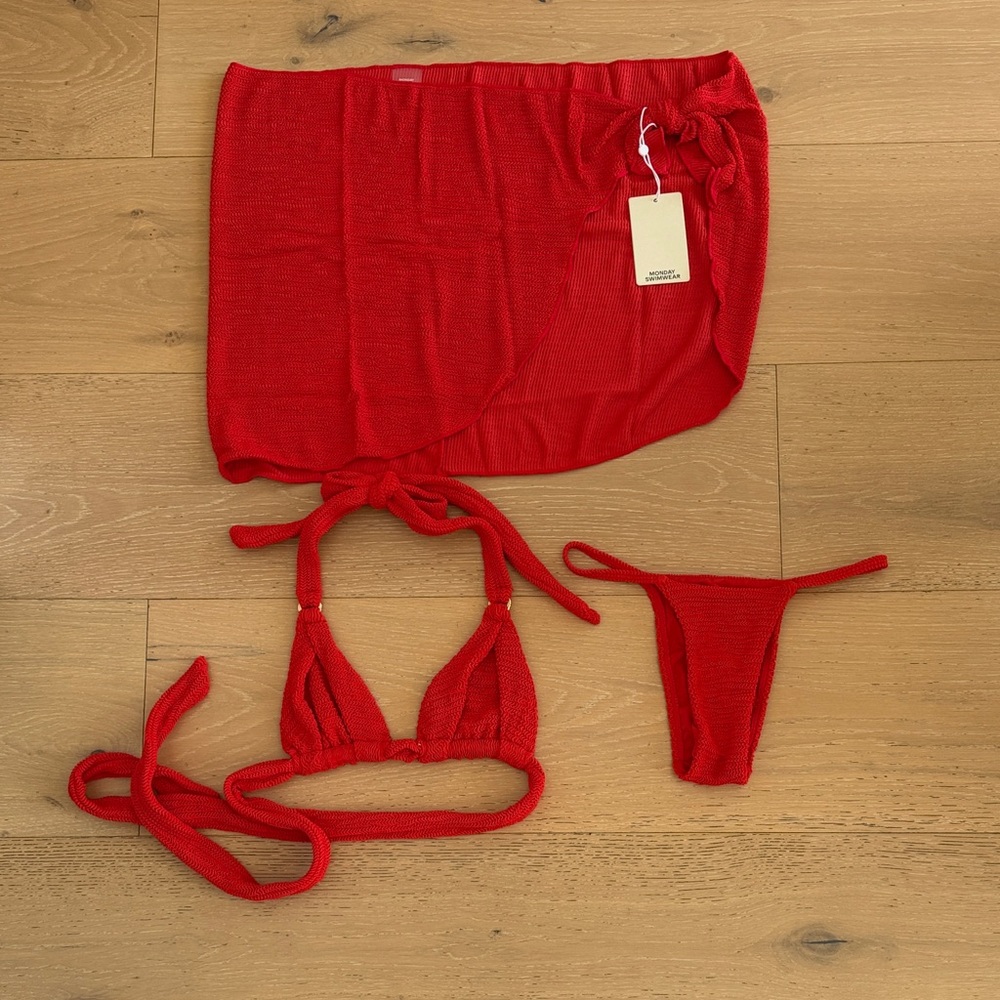 Monday swimwear Red 3-Piece Bikini Set with Sarong